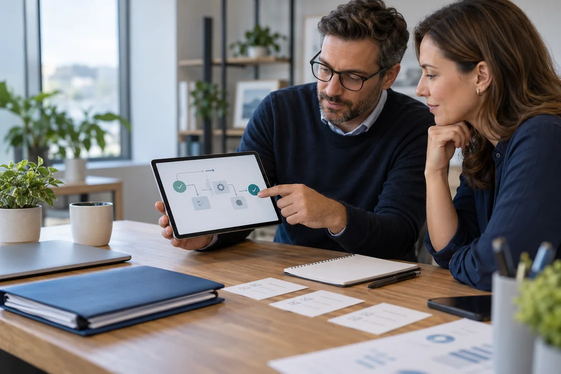 Zwei Personen prüfen gemeinsam einen digitalen Ablauf auf einem Tablet